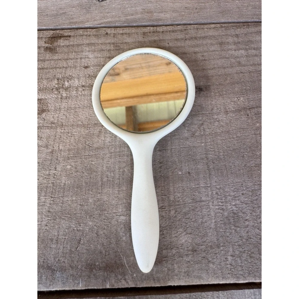 ANTIQUE CERAMIC HAND MIRROR ROSE STEM‎ LEAVES CHILD VANITY DOLL VINTAGE OLD